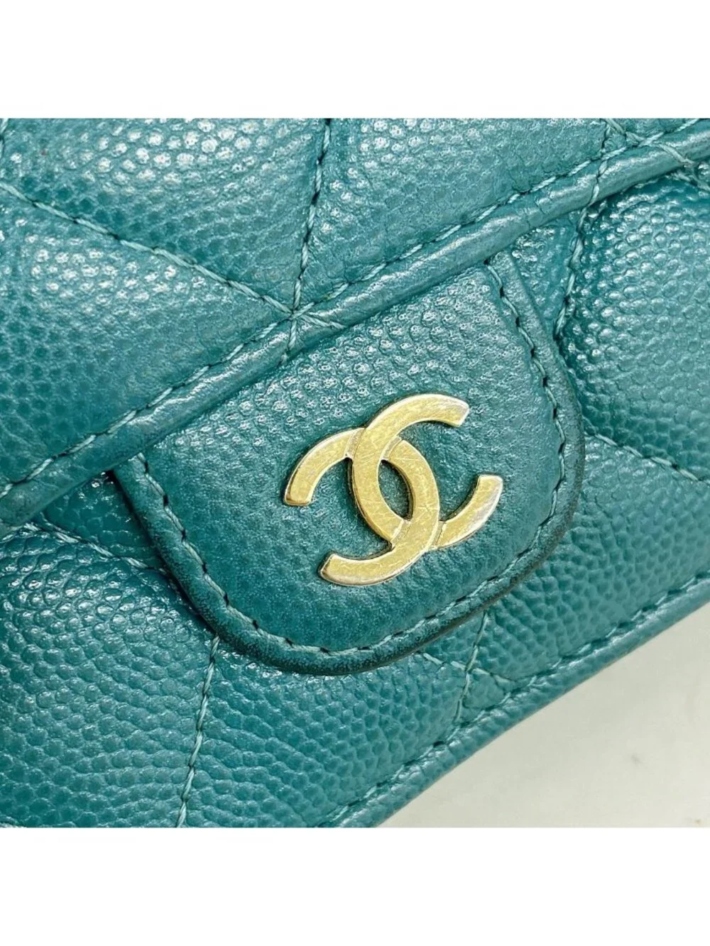 Chanel Trifold Wallet Quilted Caviar Leather Green Champagne Gold